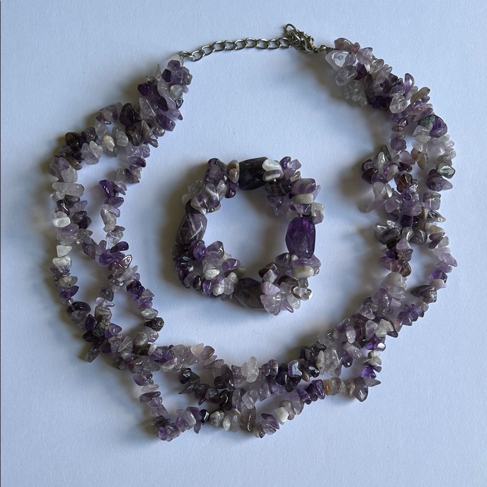 Amethyst Chip Necklace and Stretch Bracelet Set - Purple